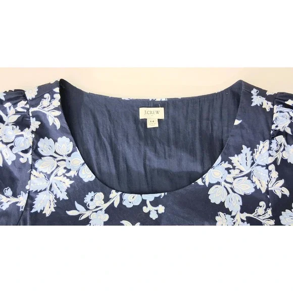J Crew Midi Dress Size 14 Blue Floral Tiered Puff Sleeve Side Zip Cottagecore - Picture 4 of 13